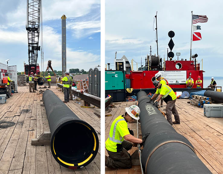 24-inch AMERICAN Flex-Ring Ductile Iron Pipe being installed on a barge along the waters of Chequamegon Bay on Lake Superior in Ashland, Wisconsin,